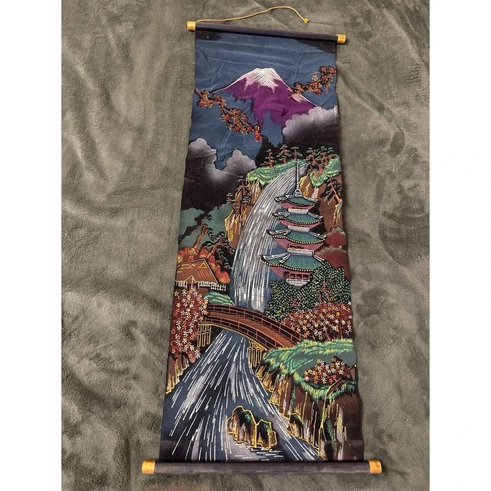 Vintage Japanese Velvet Wall Scrolls Mt. Fuji Tiger Samurai Peacock Geisha